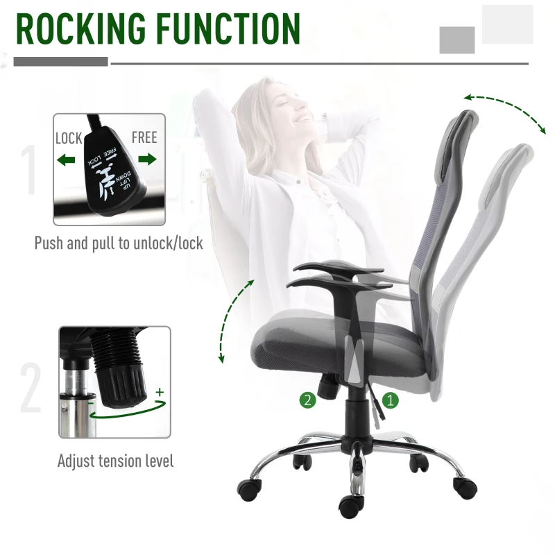 Vinsetto Office Chair High Back Mesh Ergonomic Computer Desk Seat Thick Padded Headrest with Armrest Office Grey