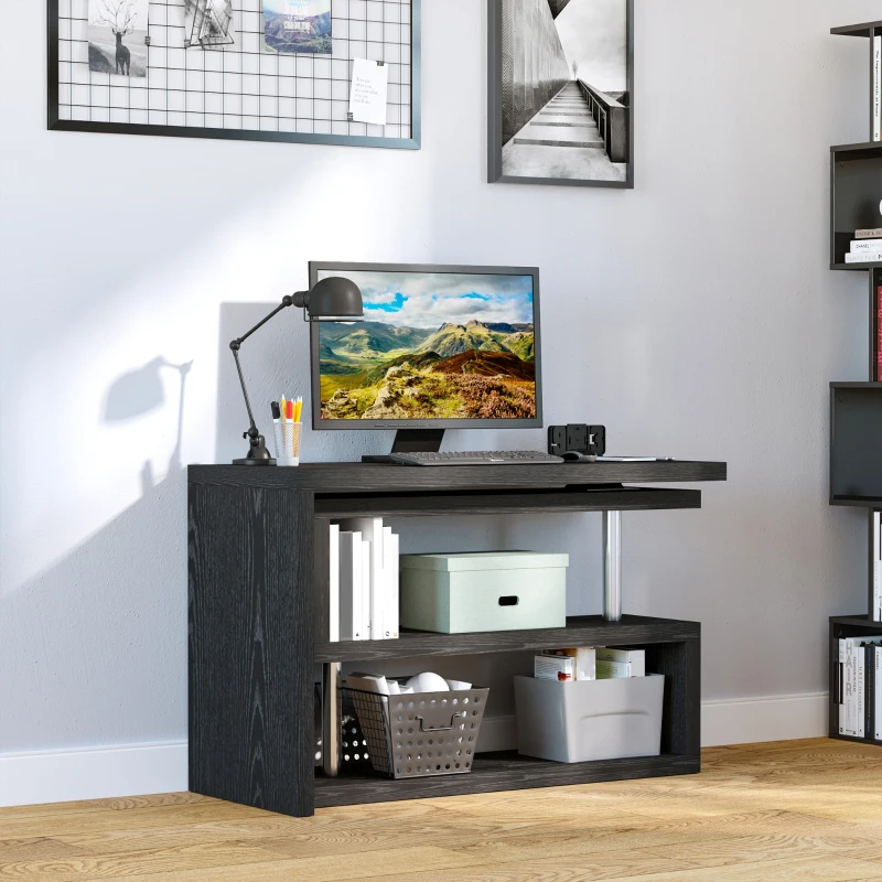 HOMCOM 360 Degree Rotating Corner Computer Desk, L Shaped Desk, Home Office Workstation with 3-Tier Storage Shelves, Black