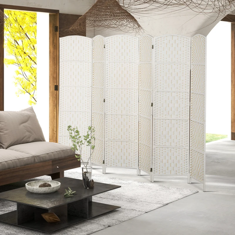 HOMCOM Room Divider, 6 Panel Folding Privacy Screen, 6FT Tall Portable Weave Partition Wall Divider for Bedroom, White