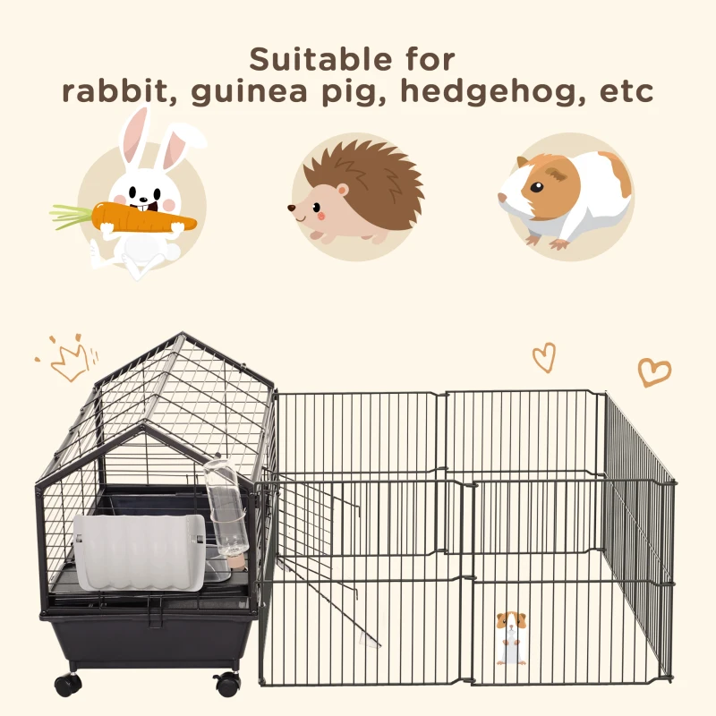 PawHut Metal Small Animal Cage, Rabbit Cage for Guinea Pig Chinchilla Hedgehog Bunny with Removable Wheels and Foldable Detachable Run Fence, 34.6" L x 50.6" W x 22" H