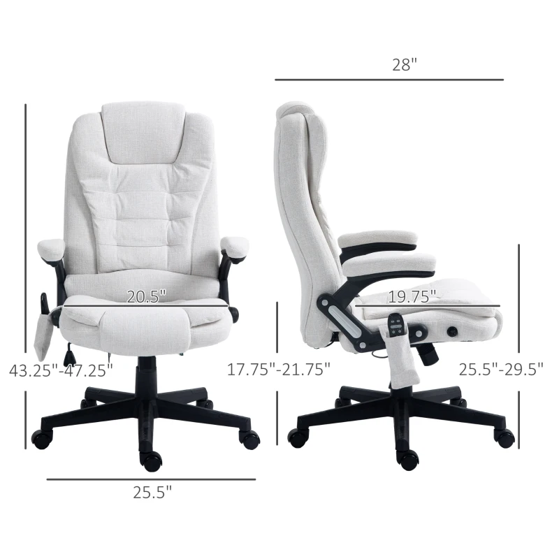 HOMCOM 6 Point Vibrating Massage Office Chair with Heat, Linen High Back Massage Desk Chair with Reclining Backrest, White(m-3)