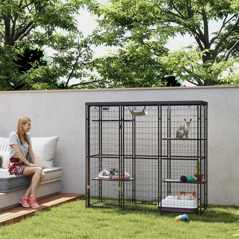 PawHut Weld Wire Catio Outdoor Indoor with Waterproof Cover, 4 Jumping Platforms, Hammock, for 1-3 Kittens, 69" x 22" x 62"(m-8)