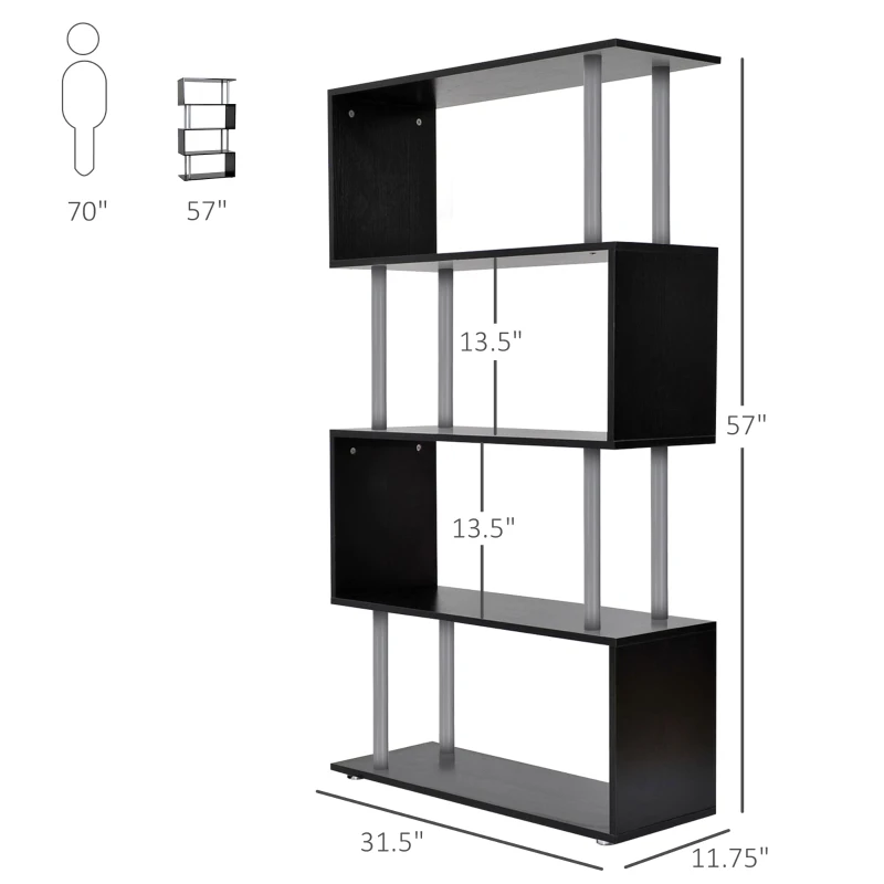 HomCom Modern S-Shaped 5 Tier Room Dividing Bookcase Wooden Storage Display Stand Shelf - Black