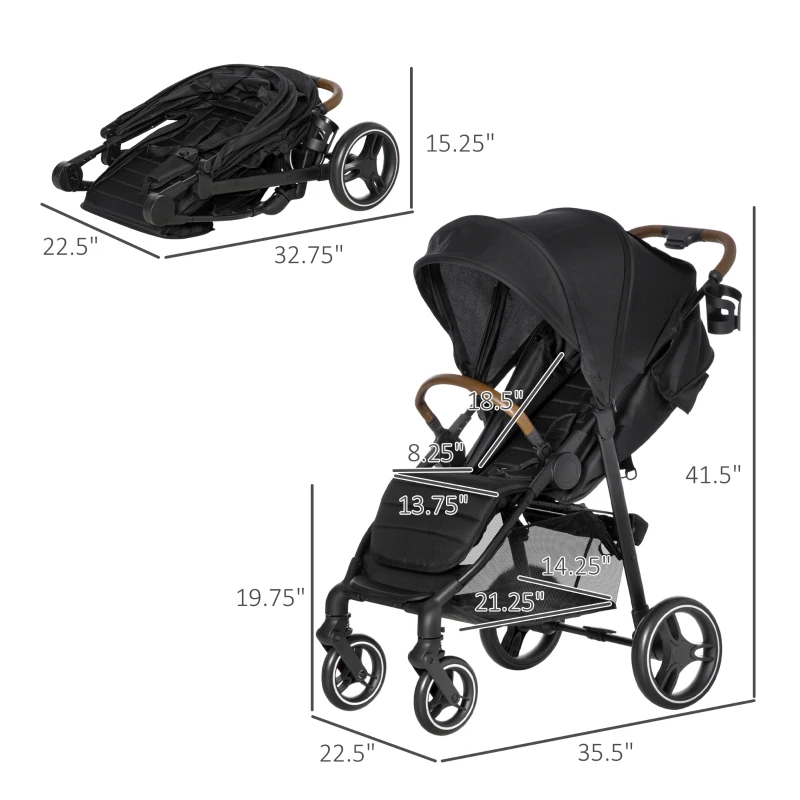 Qaba Lightweight Baby Stroller with One-Click Fold, Toddler Travel Stroller with Adjustable Backrest Footrest, Compact Stroller with All Wheel Suspension, Sun Canopy, Black