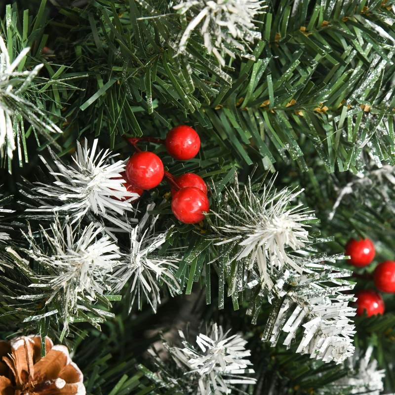 HOMCOM 6ft Decorated Christmas Tree with Red Berries and Pine Cones, Flocked Christmas Tree with Pencil Shape, Green