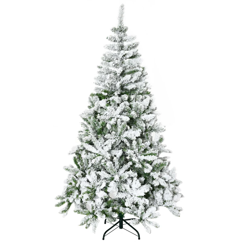 HOMCOM 6' Tall Unlit Snow Flocked Pine Artificial Christmas Tree with Realistic Branches, Green