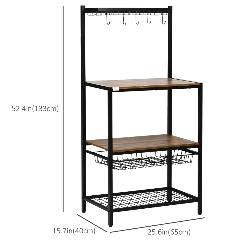 HOMCOM Industrial Multifunctional Kitchen Bakers Rack, Microwave Stand, Coffee Bar Station with Storage Shelves, Wire Basket, 5 Hanging Hooks, Walnut