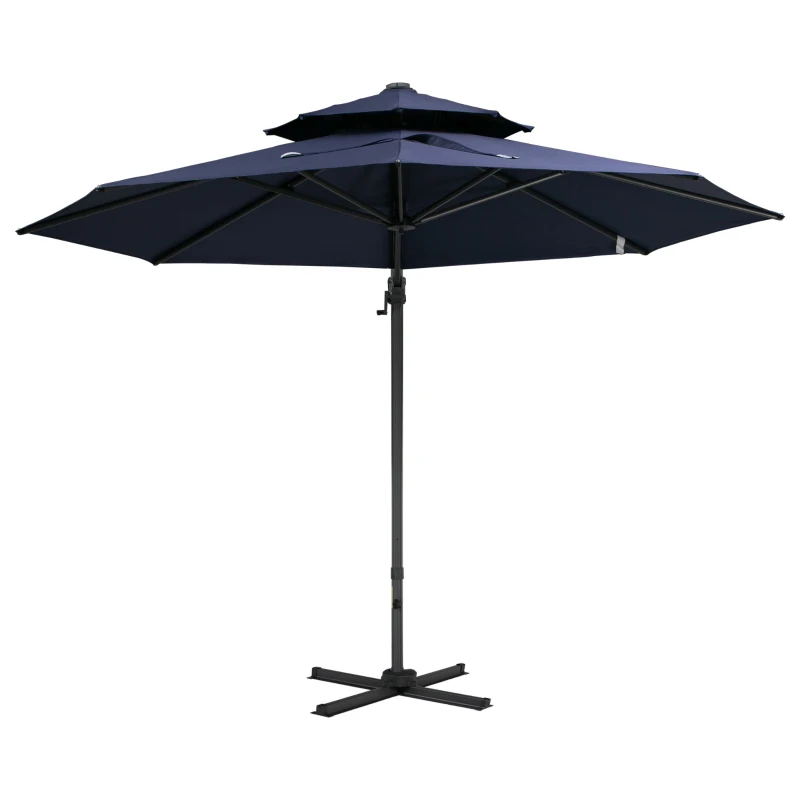 Outsunny 11ft Cantilever Patio Umbrella with Base, Double Top Hanging Aluminum Offset Umbrella with 360° Rotation, Easy Tilt, 8 Ribs, Crank, Cross Base for Backyard, Dark Blue