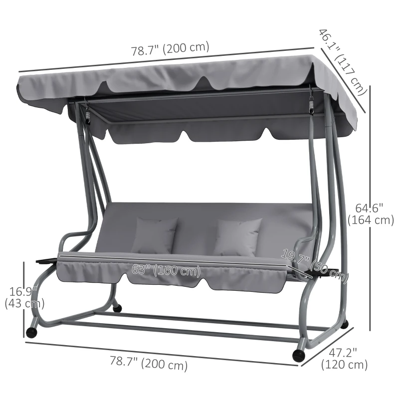 Outsunny Outdoor 3-Seater Patio Swing Chair, Outdoor Swing Seat, with Adjustable Canopy and Two Pillows for Garden, Light Grey