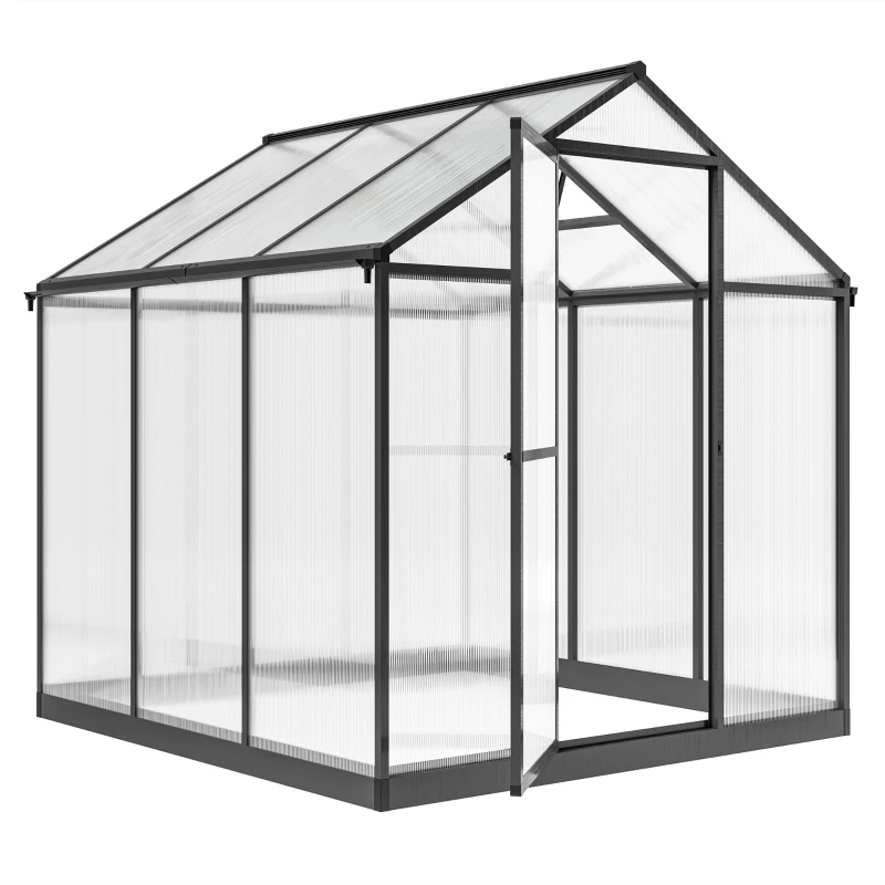 Outsunny 6' x 8' x 6.4' Polycarbonate Greenhouse, Aluminum Walk-In Green House Kit Garden, Plants Grow with Rain Gutter and Roof Vent, Charcoal Grey