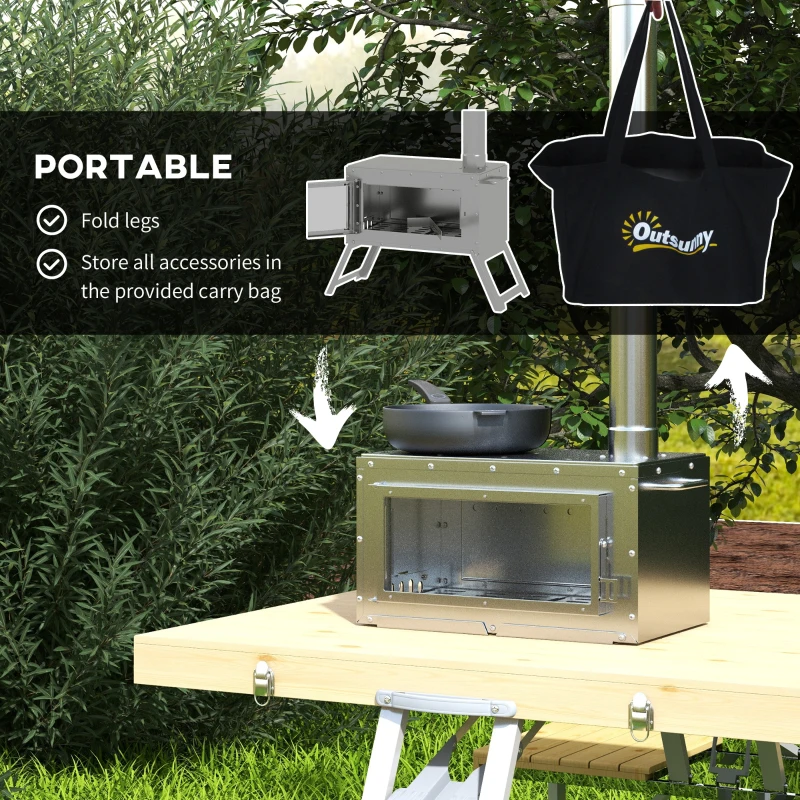 Outsunny Stainless Steel Wood Stove with Chimney and Carry Bag, Portable & Foldable, for Hot Tent, Camping, Cooking, Heating