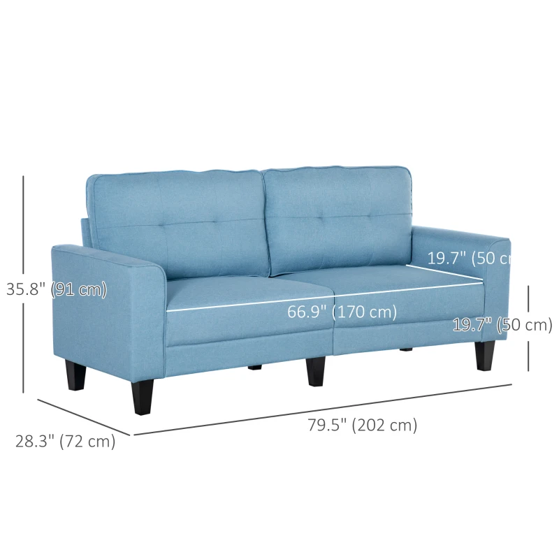 HOMCOM 3-Seater Sofa, Mid-Century Linen Couch with Upholstered Seat, Button-Tufted Back Cushion and Rubber Wood Legs for Living Room, Bedroom, Blue
