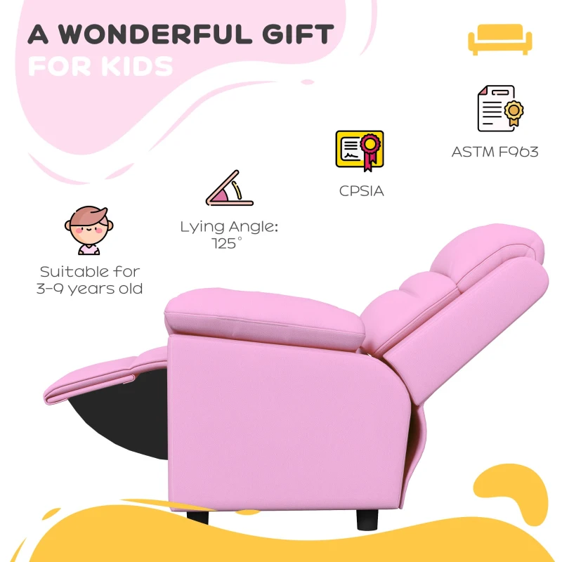 Qaba Kids Leather Recliner Chair with Armrest, Footrest, Headrest for Boys and Girls 3-9 Years Old, Pink
