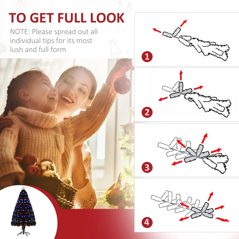 HOMCOM 4ft Prelit Artificial Christmas Tree with LED Lights, Multicolored Fiber Optics and Realistic Branch Tips, Black