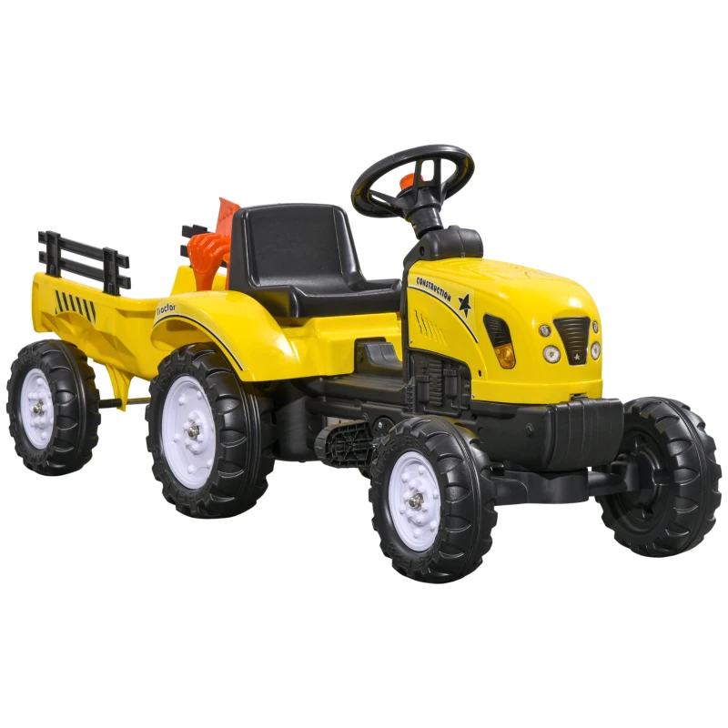 Aosom Kids Ride on Tractor with Back Trailer, Shovel & Rake, Horn, Pedal Go Kart for 3 Years Old, Yellow(m-11)