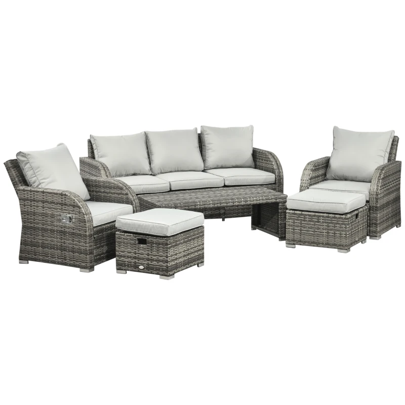 Outsunny 6 Pieces Patio Furniture Set, Conversation Set Wicker Sectional Set Cushioned Outdoor Rattan 3-Seat Sofa, 2 Adjustable Recliners, 2 Footstools & Table Set for Lawn Garden Backyard, Light Grey
