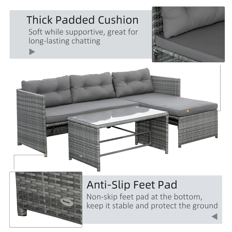 Outsunny 3 Piece Patio Furniture Set, Rattan Outdoor Sofa Set with Chaise Lounge & Loveseat, Soft Cushions, Tempered Glass Table, L-Shaped Sectional Couch, Charcoal