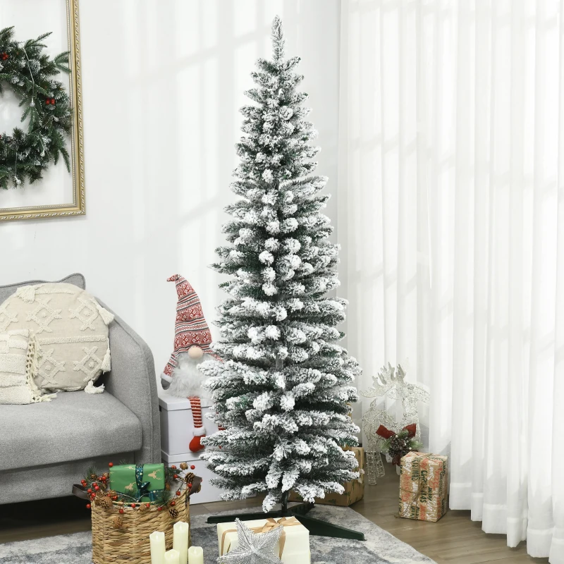 HOMCOM 6' Snow Flocked Artificial Pencil Christmas Tree, Slim Xmas Tree with Realistic Branches and Plastic Base Stand for Indoor Decoration, Green