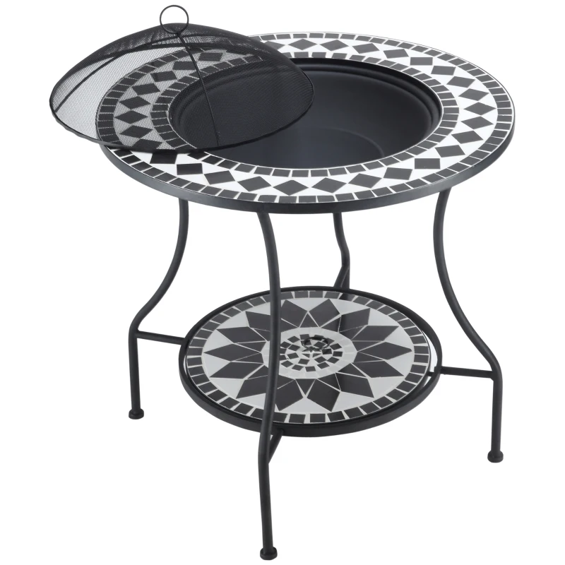 Outsunny 30" Outdoor Fire Pit Dining Table, 3-in-1 Round Wood Burning Fire Pit Bowl, Patio Ice Bucket with Storage Shelf, Spark Screen Cover for BBQ, Bonfire, Camping, Mosaic