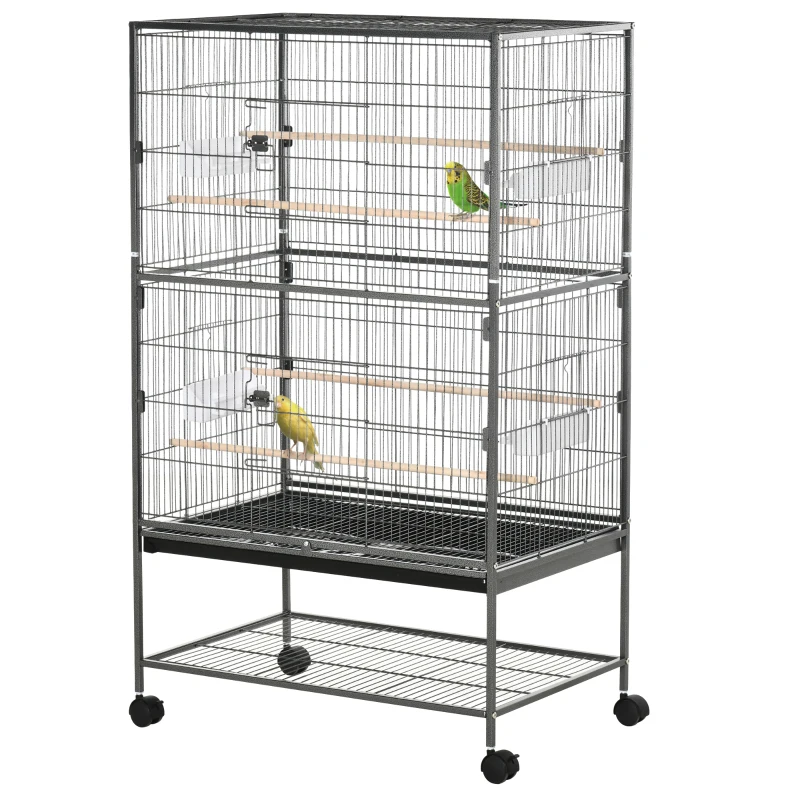 PawHut 52'' Large Rolling Steel Bird Cage Bird House with Rolling Stand, Storage Shelf, Wood Perch, Food Container, Dark Grey