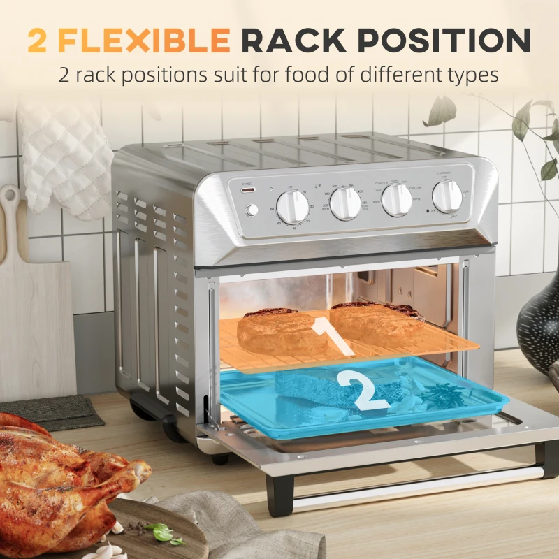 HOMCOM Air Fryer Toaster Oven, 21QT 7-In-1 Convection Oven Countertop, Warm, Broil, Toast, Bake and Air Fry, Accessories Included, 1800W, Stainless Steel Finish
