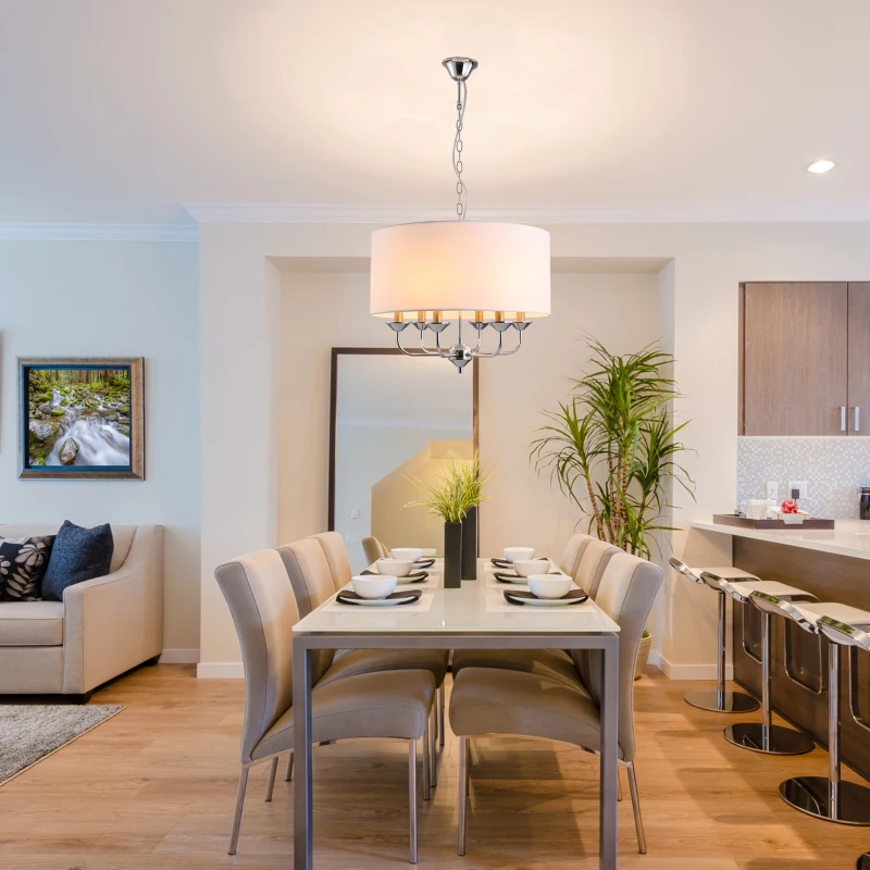 HOMCOM 6-Light Modern Chandelier Candle Pendant Light, Drum Fabric Lampshade for Dining Room, Bedroom, Kitchen, Living Room with Hanging Light Fixture, White