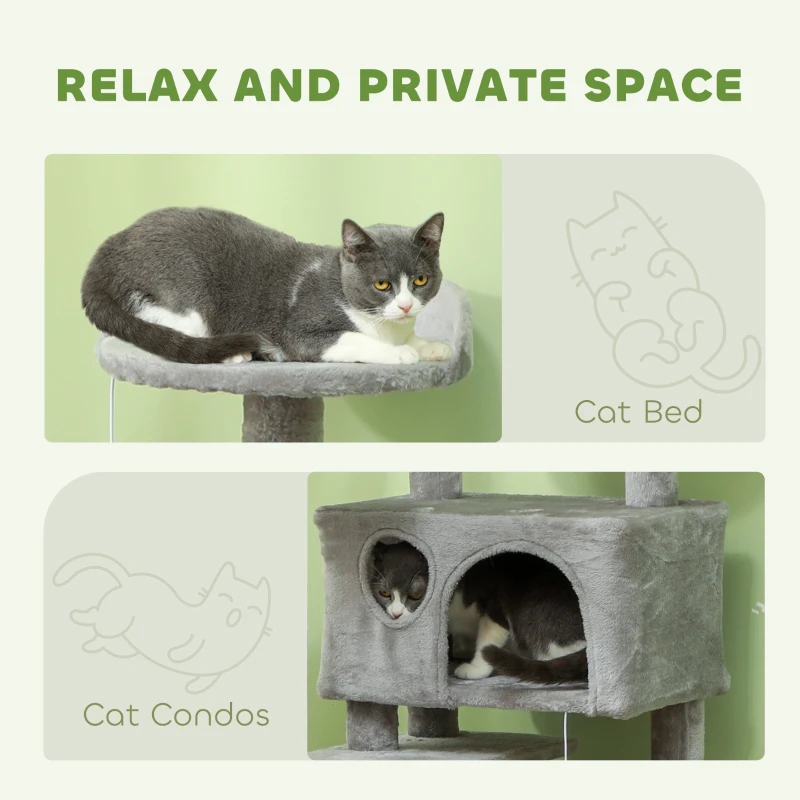 PawHut 54" Cat Tree, Multi-Level Cat Tower with Scratching Posts, Cat Condos, Bed, Platforms, Ramp, Toy Ball, Light Grey