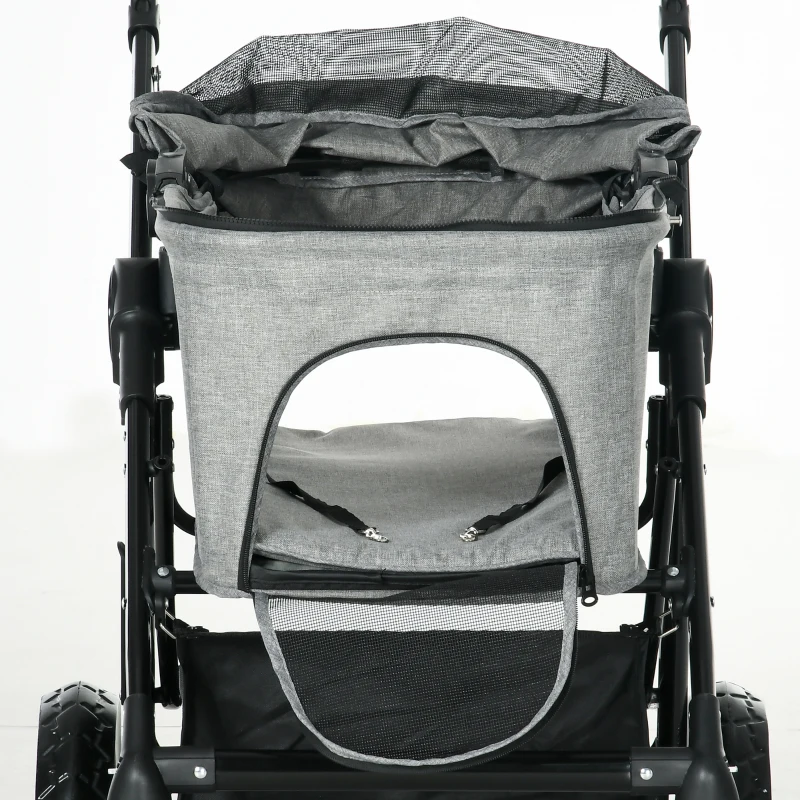 PawHut 2 in 1 Foldable Dog Stroller with Suspension, Detachable Carriage, Adjustable Canopy, Safety Leashes and Storage Basket, Grey