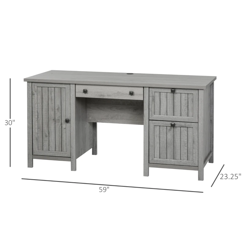 HOMCOM Vintage Executive Computer Desk, Home Office Work station, Student Table with Cabinet & 3 Drawers for Hanging Files, Grey