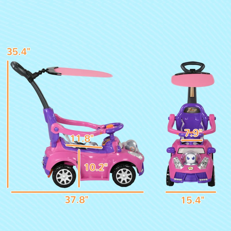 Qaba 3 in 1 Push Car Sliding Car with Removable Handle, Music, Horn, Canopy, Safety Guardrail, Pink