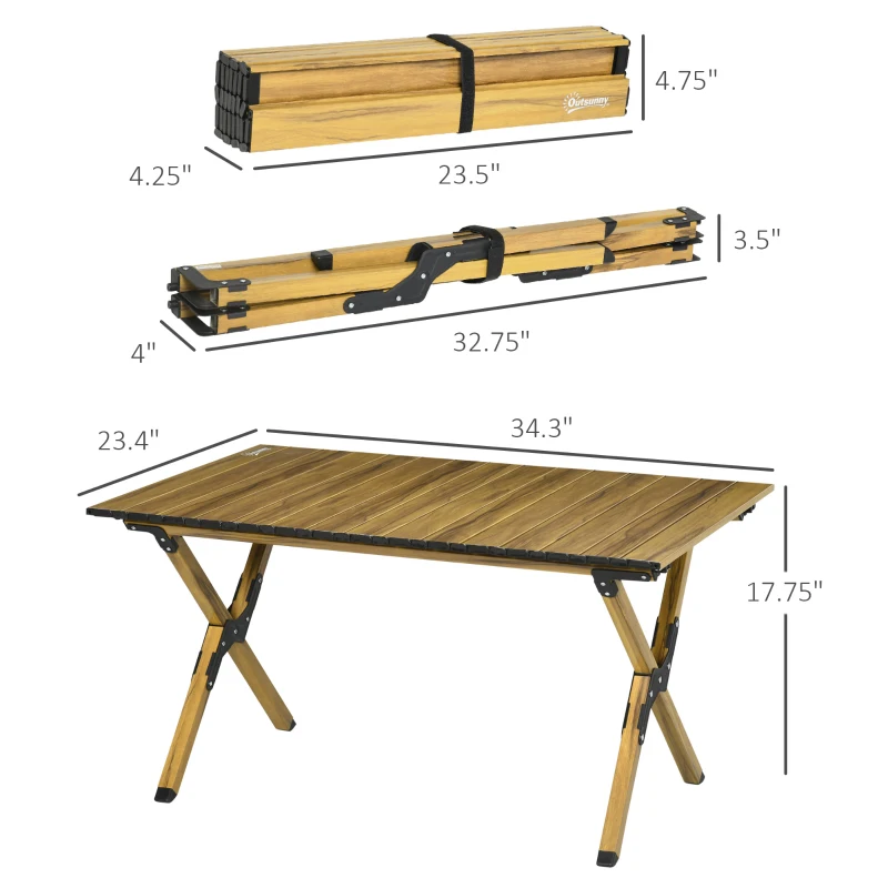 Outsunny 3ft Low Height Folding Camping Table, Roll-Up Aluminum Picnic Table with Carry Bag, Waterproof & Woodgrain Finish, Portable Table for Travel, BBQ, Beach, or Hiking