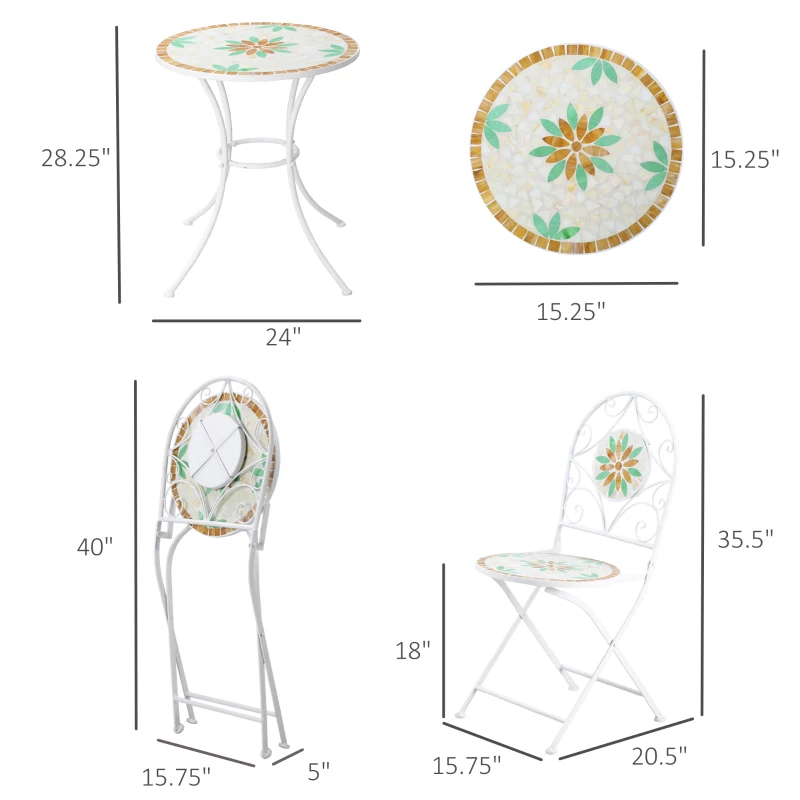 Outsunny 3 Piece Patio Bistro Set, Floral Mosaic Pattern, Metal Folding Chairs, Foldable Outdoor Dining Table for Coffee, Decor, Garden, Poolside, Porch, White