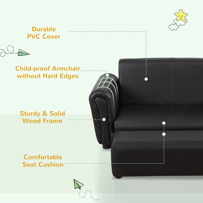 Qaba Kids Sofa Set with Footstool for Toddlers and Babies, Black