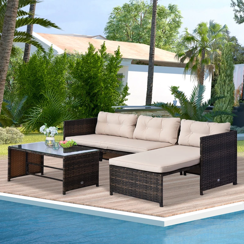 Outsunny 3pcs Outdoor Rattan Wicker Sofa and Chaise Lounge Set with Cushion Garden Patio Furniture Brown and Beige
