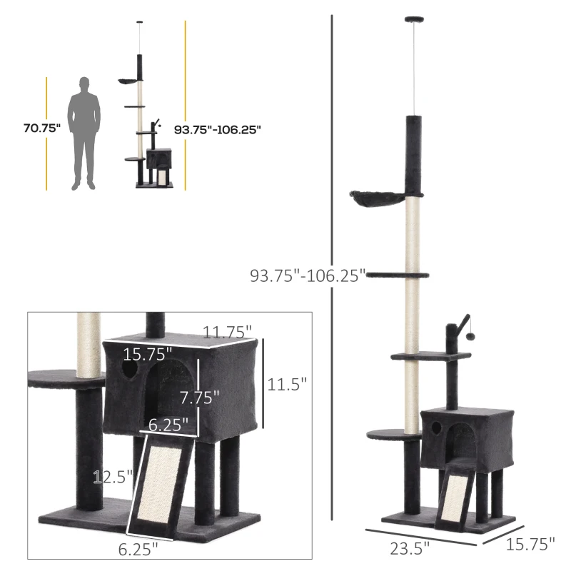PawHut 110" Huge Cat Tree Kitty Activity Center Floor-to-Ceiling Cat Climbing Toy with Scratching Post Board Hammock Hanging Ball Rest Pet Furniture Dark Grey