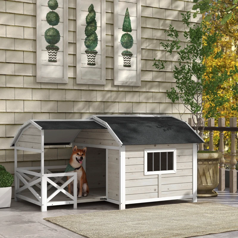 PawHut Wooden Dog House Outdoor with Porch, Raised Pet Kennel for Medium Large Dogs, with Asphalt Roof, Front Door, Side Windows, Gray