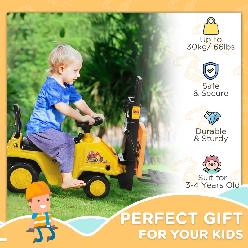 Aosom Sit and Scoot Ride-on Toy with Forklift Operation, Construction Toys for Kids with Under Seat Storage, Forklift Toy for 3-Year-Old Boys & Girls, Imagination Toys