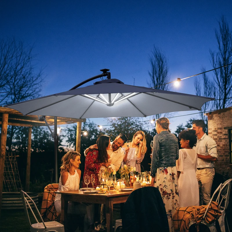 Outsunny 10ft Cantilever Solar Hanging Offset Umbrella Outdoor LED Lights Aluminum Market Banana Parasol Crank w/ Cross Base Garden Sun Shelter Grey