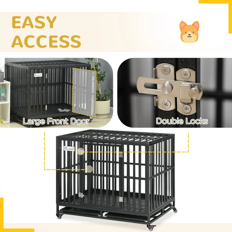 PawHut 41" Heavy Duty Steel Dog Crate Kennel Pet Cage with Wheels for Convenient Access Anti-Pinching Floor, Black