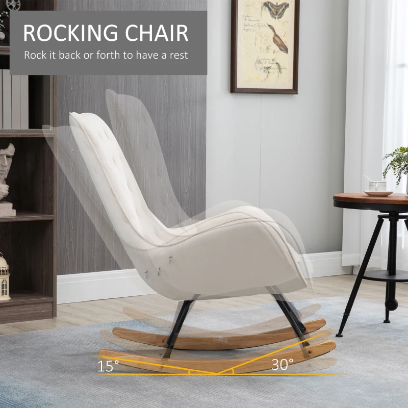 HOMCOM Mid-Century Fabric Rocking Chair Sofa Armchair Tufted Rocker Wingback Accent Chair with Padded Seat, Rubber Wood Base for Home Studio, Bedroom, Living Room, Cream White