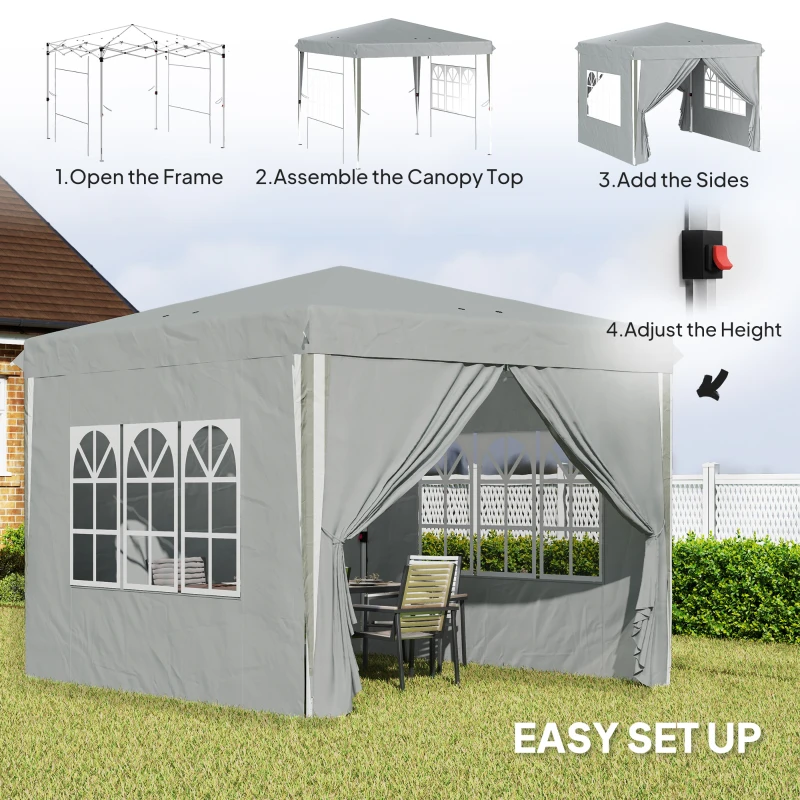 Outsunny 10' x 10' Pop-Up Canopy Tent with Sidewalls, Height-Adjustable, Carry Bag Included, for Outdoor, Garden, Patio, Light Grey