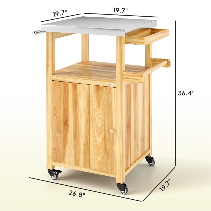 Outsunny Outdoor Grill Cart w/ Stainless Steel Top, Solid Wood Outdoor Kitchen Island w/ Wheels, Integrated Hole, Natural Wood