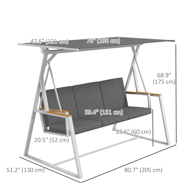 Outsunny 3-Seat Outdoor Porch Swing Outdoor Patio Swing with Adjustable Canopy, Removable Cushion for Garden, Poolside, Grey
