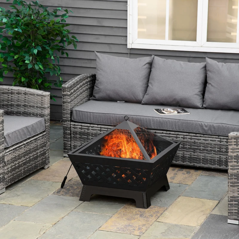 Outsunny 26 Inch Outdoor Fire Pits, Bonfire Wood Burning Firepit Bowl, Camping Fire Pit with Spark Screen Cover, Poker for Patio, or Backyard, Black