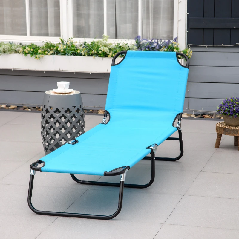 Outsunny Outdoor Folding Lounge Chair, Steel Tanning Chair with Reclining Back, Breathable Mesh for Beach, Yard, Patio, Sky Blue