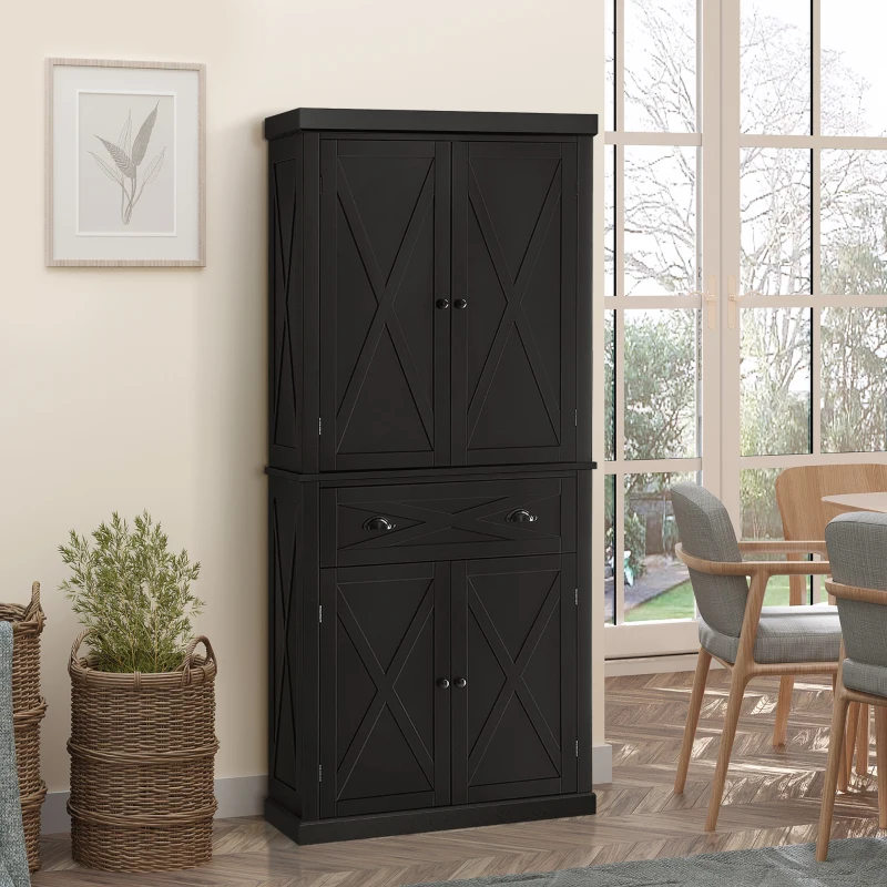 HOMCOM 72.5" Kitchen Pantry Cabinet, Freestanding Storage Cabinet with 4 Doors, Drawer and Adjustable Shelves, Black