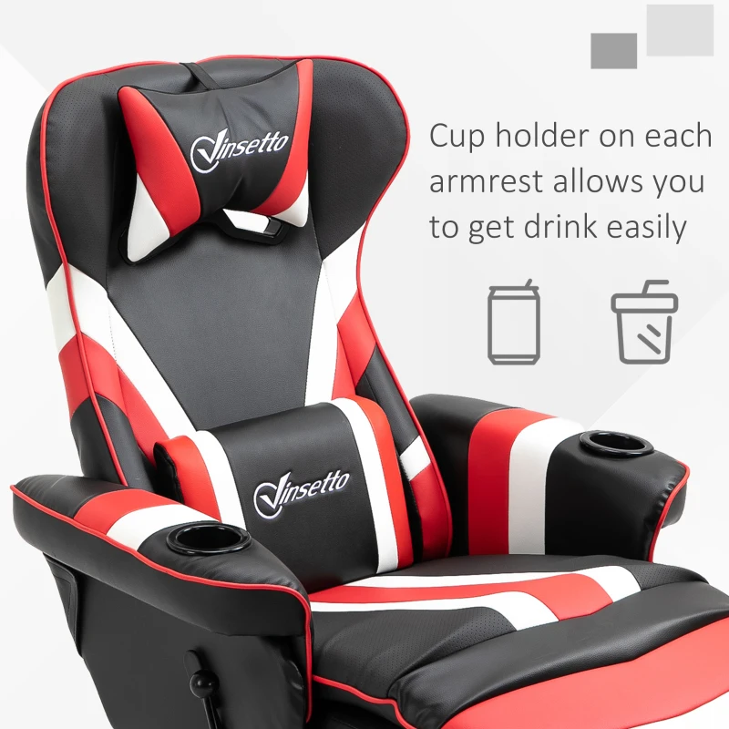Vinsetto Racing Style Video Gaming Recliner Chair Padded Office Seat with Reclining Backrest and Footrest, Headrest, Lumbar Support, Round Metal Base, Cup Holder for Black and Red