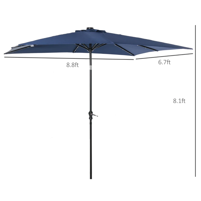 Outsunny 9' x 7' Solar Umbrella, LED Lighted Patio Umbrella for Table or Base with Tilt & Crank, Outdoor Umbrella for Garden, Deck, Backyard, Pool, Beach, Blue