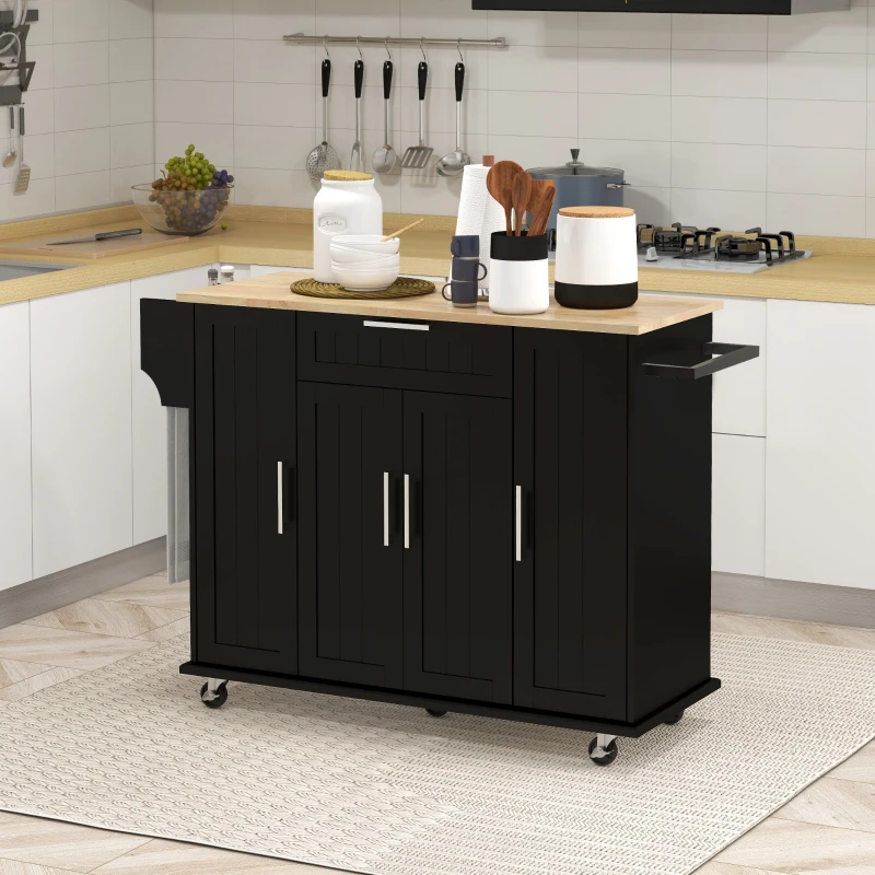 HOMCOM Modern Rolling Kitchen Island Cart with Drawers, Natural Wood Top, Towel Rack, Door Storage Cabinet,  Black