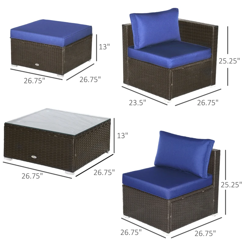 Outsunny 6 Piece Patio Furniture Set Outdoor Wicker Conversation Set All Weather PE Rattan Sectional Sofa Set with Ottoman, Cushions and Tempered Glass Table, Coffee and Blue